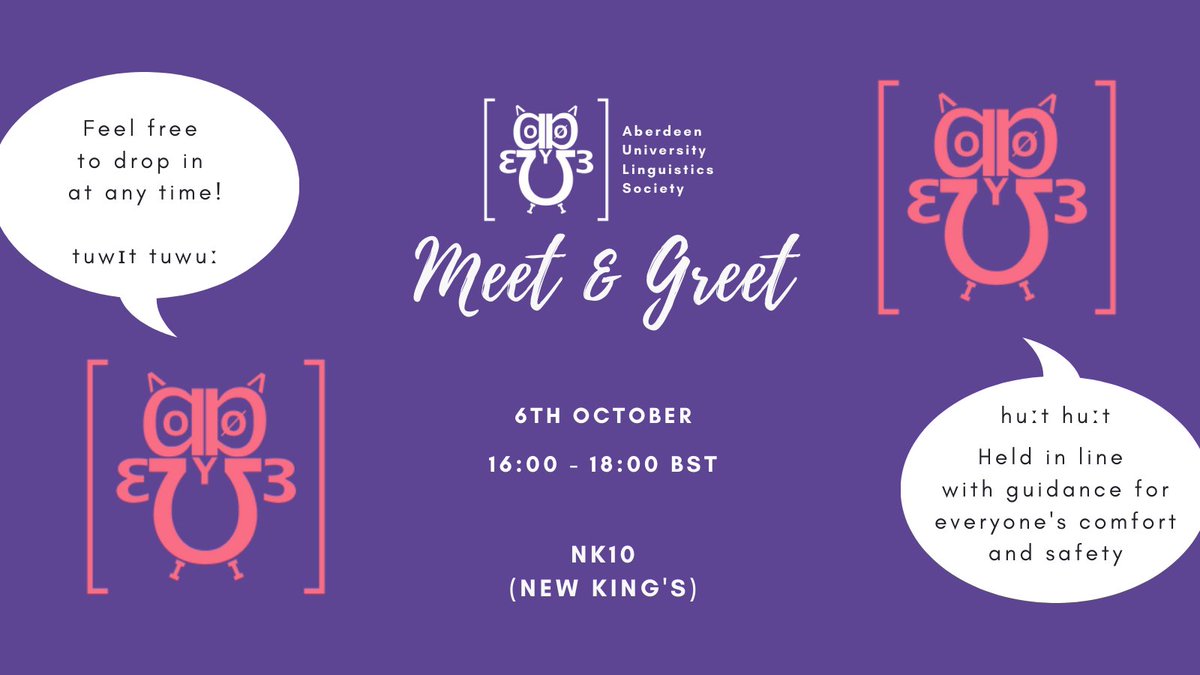aulingsoc's tweet photo. Welcome to the Linguistics Society Meet &amp; Greet! Feel free to drop by NK10 (New King's) anytime between 16:00 and 18:00 BST for a relaxed evening getting to know the society and meeting students with similar interests to your own. https://t.co/qFsXAUV52m