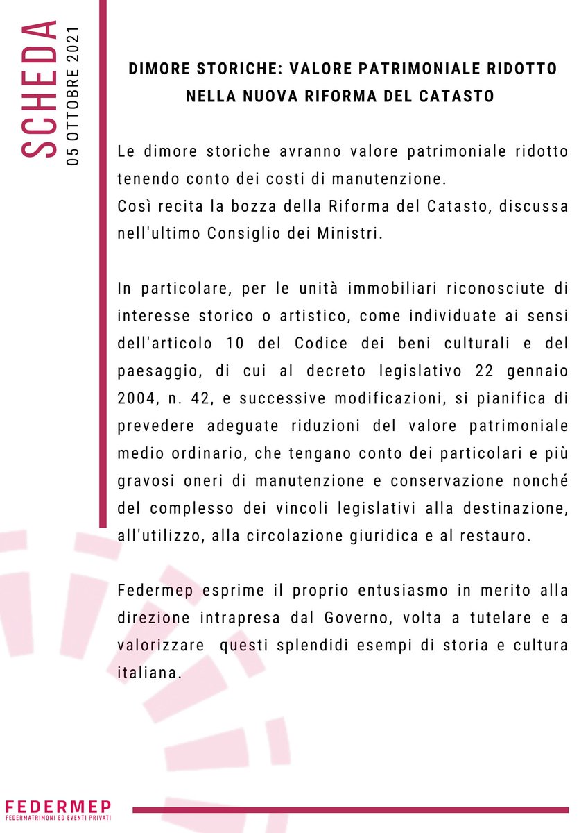 Un’altra piccola grande vittoria! Grazie in special modo agli amici di <a href="/dimorestoriche/">ADSI - Associazione Dimore Storiche Italiane</a> e al loro instancabile lavoro con le istituzioni.
Un passo alla volta, tutti uniti.

#gofedermep
#proudtobefedermep