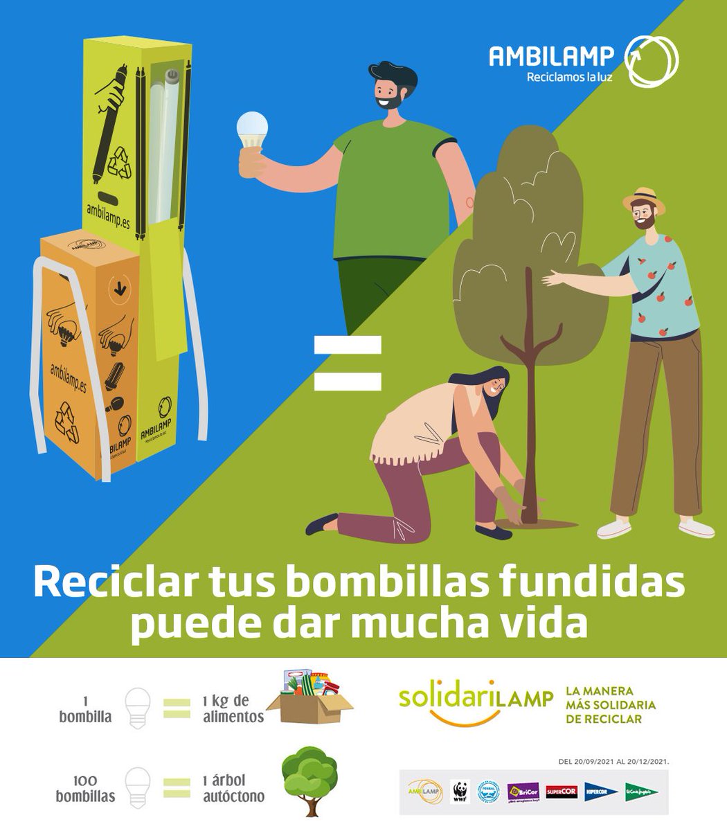 ambilamp's tweet photo. 💡Por cada 100 #bombillas que deposites en los contenedores de @elcorteingles, @hipercor, @BricorES  y @tusupercor, 🌳plantaremos un árbol autóctono junto a @WWFespana.

¡Colabora con #SolidariLamp! ♻ #Reciclar da mucha vida. https://t.co/BORAty9ejG