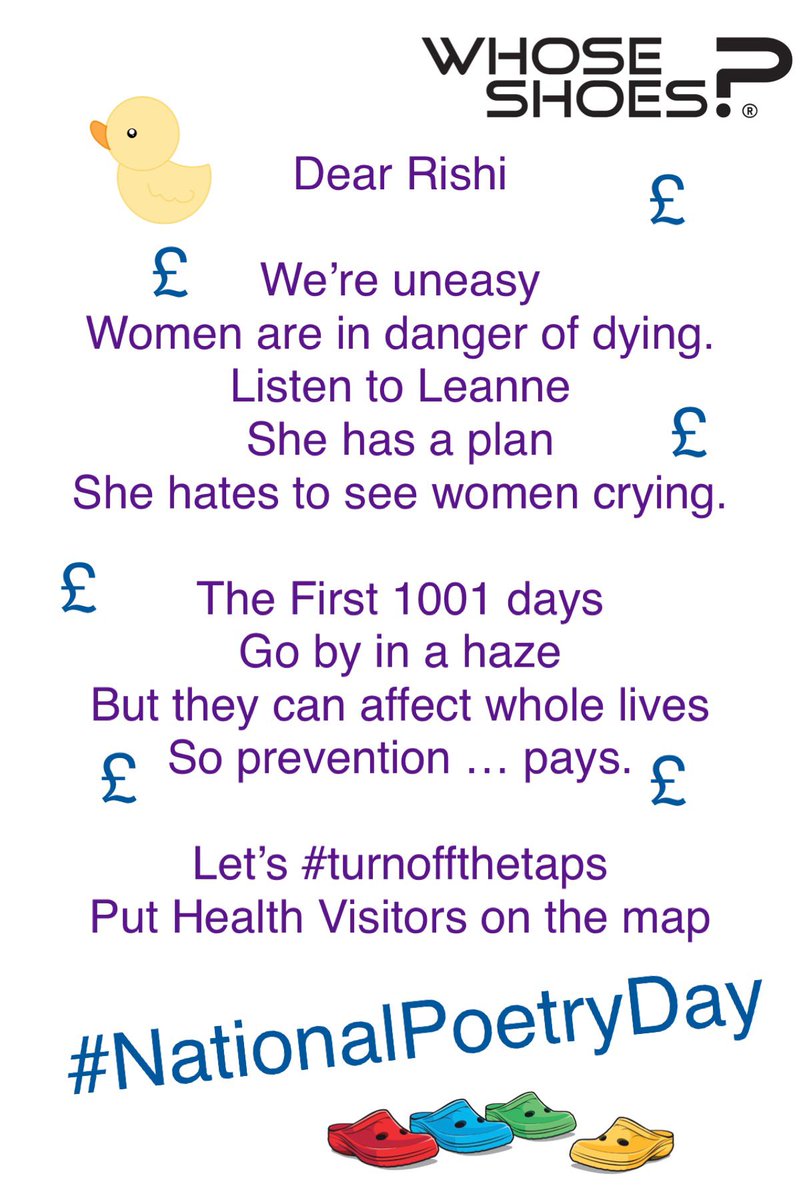 WhoseShoes's tweet photo. @howlett_leanne @Lyse_e @OxfordHealthNHS @nhsuhcw @Gaynora @mpftnhs @DemelzaHospice @mancini_smith @DrLucyGilbert @FWmaternity @AnnaGeyer_NP @WildCardWS @RishiSunak Dear Rishi @RishiSunak 

  ££   Prevention pays  ££

     We NEED Health Visitors
        #TurnOffTheTaps 

A poem for 
#NationalPoetryDay 

For @howlett_leanne 👏🏼👏🏼👏🏼 

@NSPCC #MatExp #MindNBody #WhoseShoes #WildCard https://t.co/W38AuhFH6J