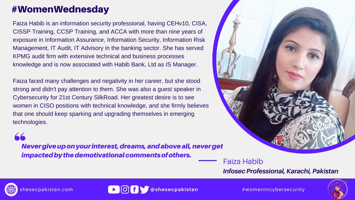 shesecpakistan's tweet photo. On today's #womenwednesday, meet @Faiza13903112, She has been in the industry for so long and every other day she strives hard to learn and grow.
#womenincybersecurity #womeninsecurity #womenleadership #cybersecurity #infosecurity #infosecgirls #womenincyber #CybHerCafe #SheSec https://t.co/TNdAMIQ11u