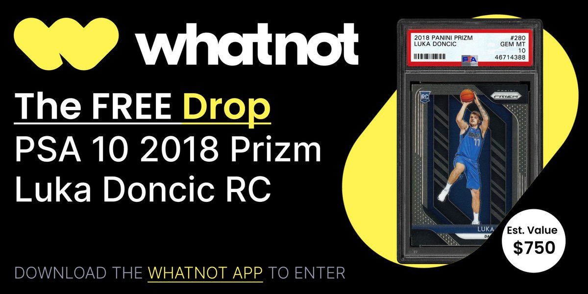 captain_esq's tweet photo. You can win a FREE PSA 10 2018 Prizm Luka Doncic RC (valued at $750) by entering the Drop on the Whatnot app! The Drop closes on 10/10.
Download the Whatnot app to enter: https://t.co/hB9YBuFmZO
#whatnotdrop #giveaway #whodoyoucollect #sportscards https://t.co/QDpcllYxYY