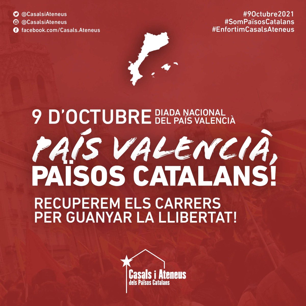 CasalsiAteneus's tweet photo. 🟢#9O | Al País Valencià i arreu dels Països Catalans, recuperem els carrers per guanyar la llibertat! 💪📢

#9OAntifa #SomPaïsosCatalans #EnfortimCasalsAteneus https://t.co/m4kr3rToJd