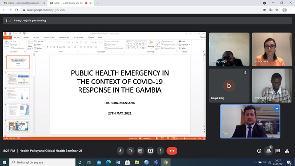 AybuGlobal's tweet photo. Health Policy and Global Health Seminar (2)

Director of Public Health Services in the Gambia Ministry of Health, Public Health Specialist Dr. Buba Manjang gave a seminar on “Public Health Emergency in the Context of COVID-19 Response in the Gambia” on 27 May 2021. https://t.co/GMlEcF89TN