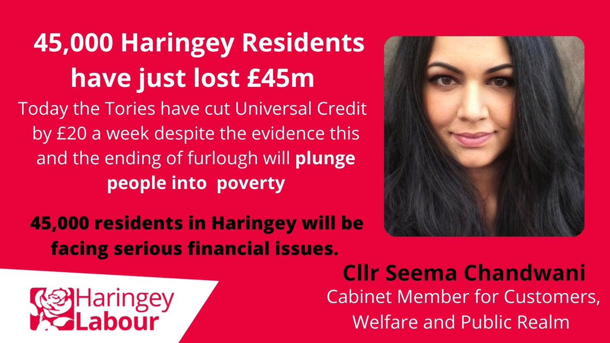45,000 residents in Haringey are losing over £45m today. 

⏺All are low income. ⏺Many are families.
⏺Most were already struggling.
⏺A lot have jobs

The £20 a week was a lifeline. Now it’s gone. 

Poverty is a political choice #KeepTheLifeline #CancelTheCut