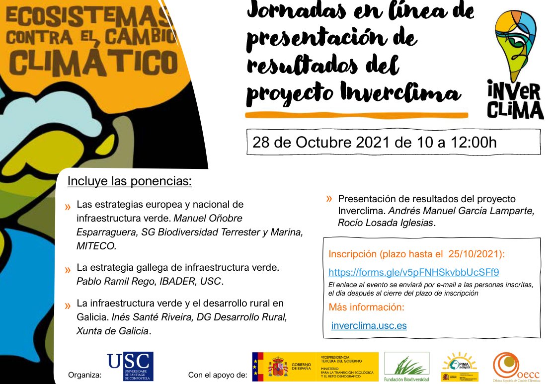 inverclima's tweet photo. 🆕📣 Jornadas de presentación de resultados del proyecto Inverclima

👉Herramientas desarrolladas
👉Estrategias de #InfraestructuraVerde

Si te interesa la temática tienes hasta el 25 de Octubre para apuntarte! https://t.co/BnVtNV2ydB

Más información en https://t.co/9HTuoRrL5h https://t.co/HoKMbix23C