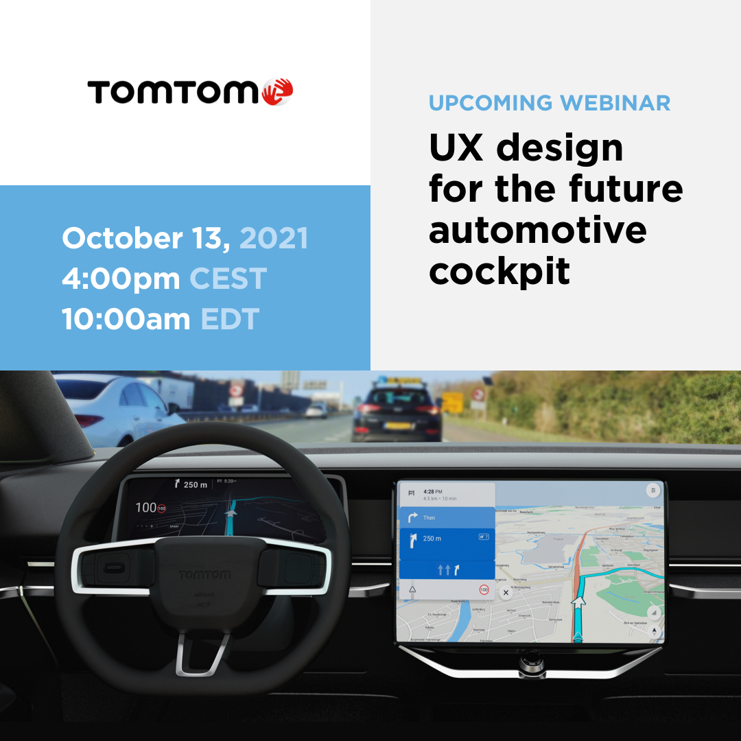 TomTom's tweet photo. More screens and features are available for automotive applications than ever before. With TomTom’s research-led approach, learn how the right UX design reduces distractions, boosts driver confidence and decreases cognitive load.

Join our webinar here: https://t.co/cBJKlt8UdC https://t.co/fz2mlWmh4o