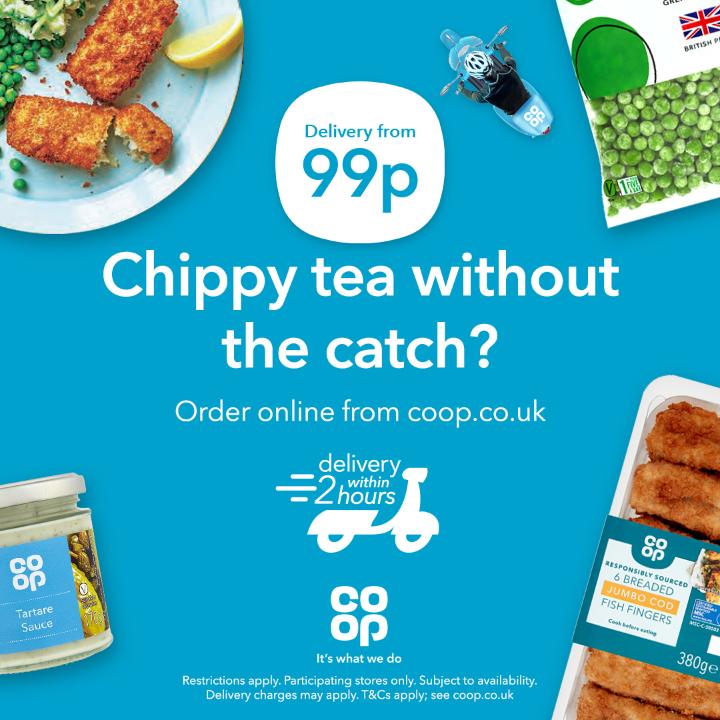 What's for tea tonight? Why not get everything you need for a chippy tea delivered from your local Co-op store 🙌 - available from Cullingworth 
Shop online now 👉 coop.co.uk