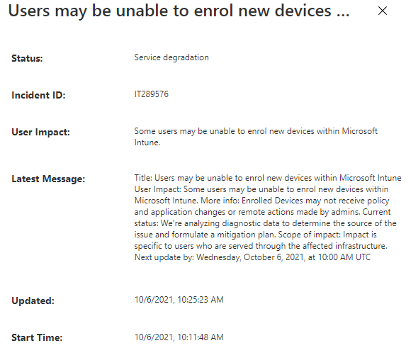 inthecloud_247's tweet photo. Another Intune service degradation!

Incident ID: IT289576

Some users may be unable to enrol new devices within Microsoft Intune.

#MsIntune #MEMpowered https://t.co/A6hCEWrPoQ