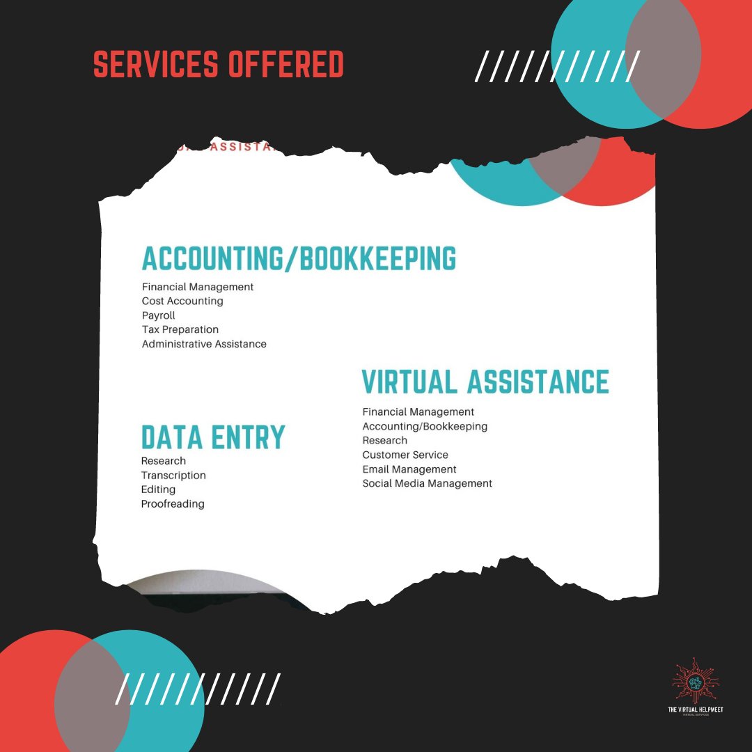 VirtualHelpmeet's tweet image. VA Niches and services. What's yours?

#Accounting #Bookkeeping #VirtualAssistant  #Freelancer