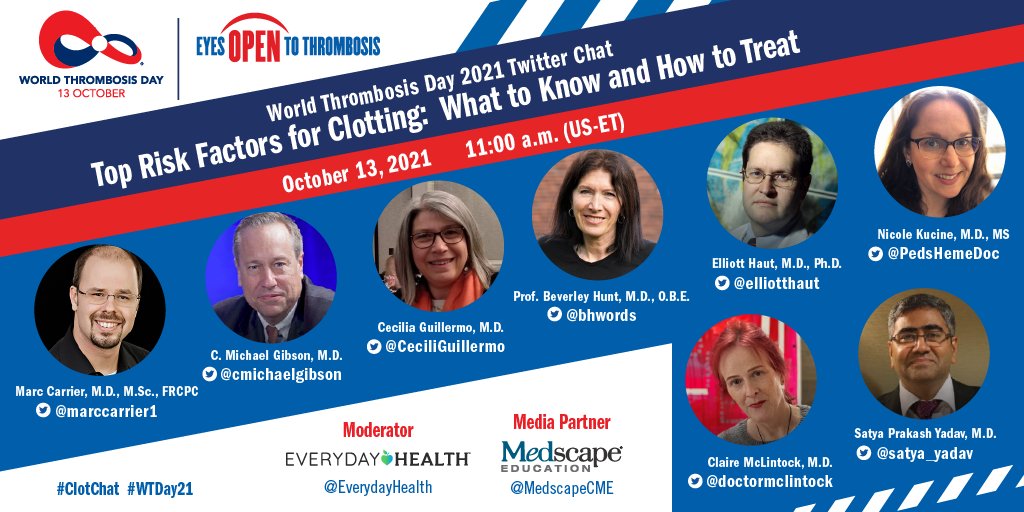 1 week until #ClotChat on 10/13 at 11 a.m. US ET. Join <a href="/CMichaelGibson/">C. Michael Gibson MD</a>, <a href="/bhwords/">Professor Beverley Hunt OBE (also on BlueSky)</a>, <a href="/doctormclintock/">Claire McLintock</a>, <a href="/elliotthaut/">Elliott R Haut, MD, PhD, MAMSE</a>, <a href="/MarcCarrier1/">Marc Carrier</a>, <a href="/satya_yadav/">Satya Prakash Yadav</a>, @CeciliGuillermo &amp; <a href="/PedsHemeDoc/">PedsHemeDoc</a>  for the largest global conversation on thrombosis. Mark your calendars! #WTDay21 #MedTwitter #MedEd