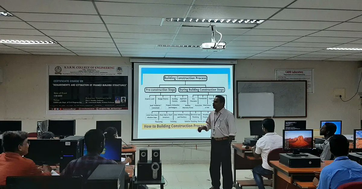 ksrmceofficial's tweet photo. Day 2 pics of certificate course on the "Requirements and Estimation of Framed Building Structures" organized by Department of civil engineering in association with the Industry Institute Interaction Cell

#KSRM  #jntua #AICTE #aishe #IntiativesofMHRD #buildingstructure https://t.co/fT898PP2MS
