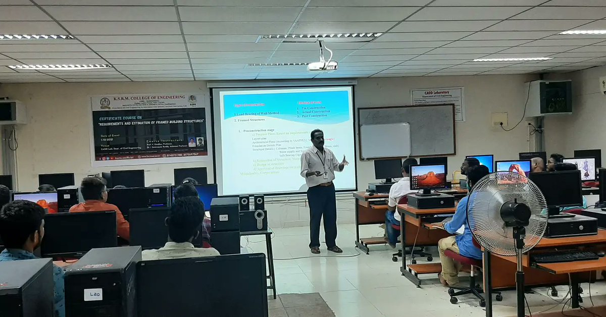 ksrmceofficial's tweet photo. Day 2 pics of certificate course on the "Requirements and Estimation of Framed Building Structures" organized by Department of civil engineering in association with the Industry Institute Interaction Cell

#KSRM  #jntua #AICTE #aishe #IntiativesofMHRD #buildingstructure https://t.co/fT898PP2MS