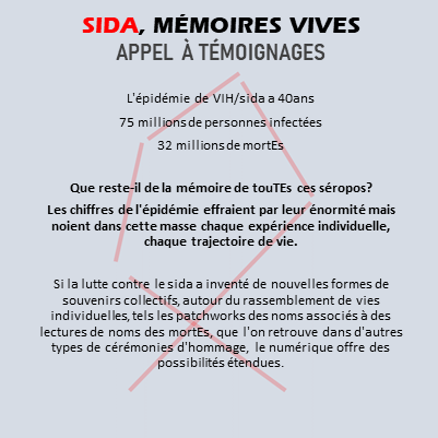 SidaMemVives's tweet photo. APPEL A TEMOIGNAGES
Vous pouvez contribuer en nous envoyant sur  sida.memoiresvives@gmail.com
un texte résumant la vie d'une personne proche décédée du #vih/#sida, avec son prénom, voire nom, âge, date de décès, pays, vos anecdotes, avec photos, portraits, objets, vidéos, sons https://t.co/XC1OgPHFsx