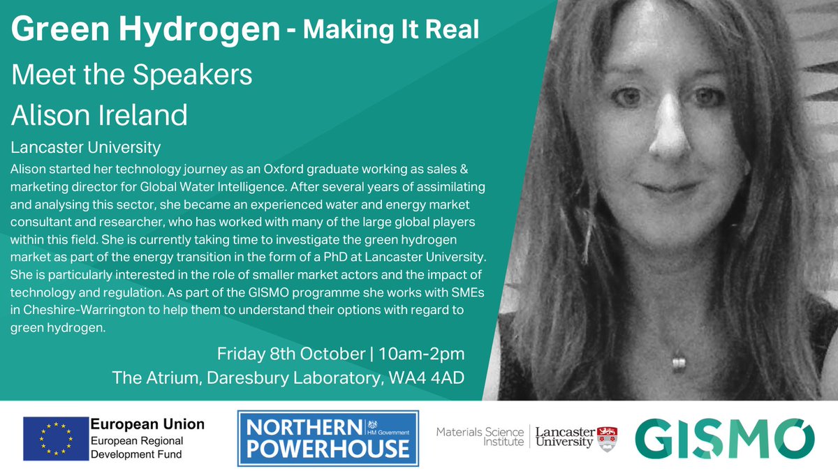 Meet our speakers for the upcoming event, Green Hydrogen - Making It Real. Alison Ireland will be discussing Fully-funded study for businesses in Cheshire and Warrington into the feasibility of green hydrogen in the business. Register here ▶️ bit.ly/3hSEEDl