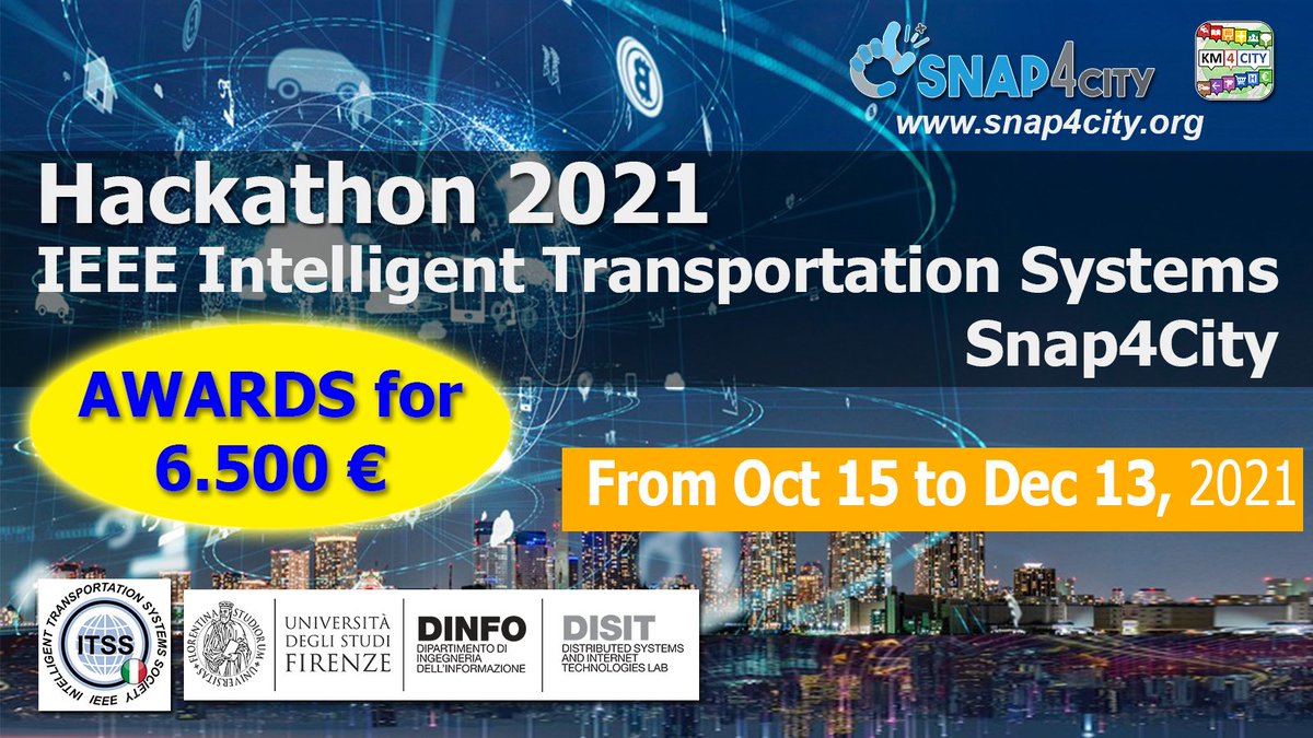 snap4tweet's tweet photo. Hackathon 6,500euro awards for challenges on Intelligent transportation systems for Smart cities and IoT. @itssieee @itssieeeitaly with @DisitLab @Snap4City  @FIWARE solution). https://t.co/z5KQ2TwoOY Pre-hackathon training and QnA: 11 October 2021 at 09:30 https://t.co/lMtZ6WYdGP