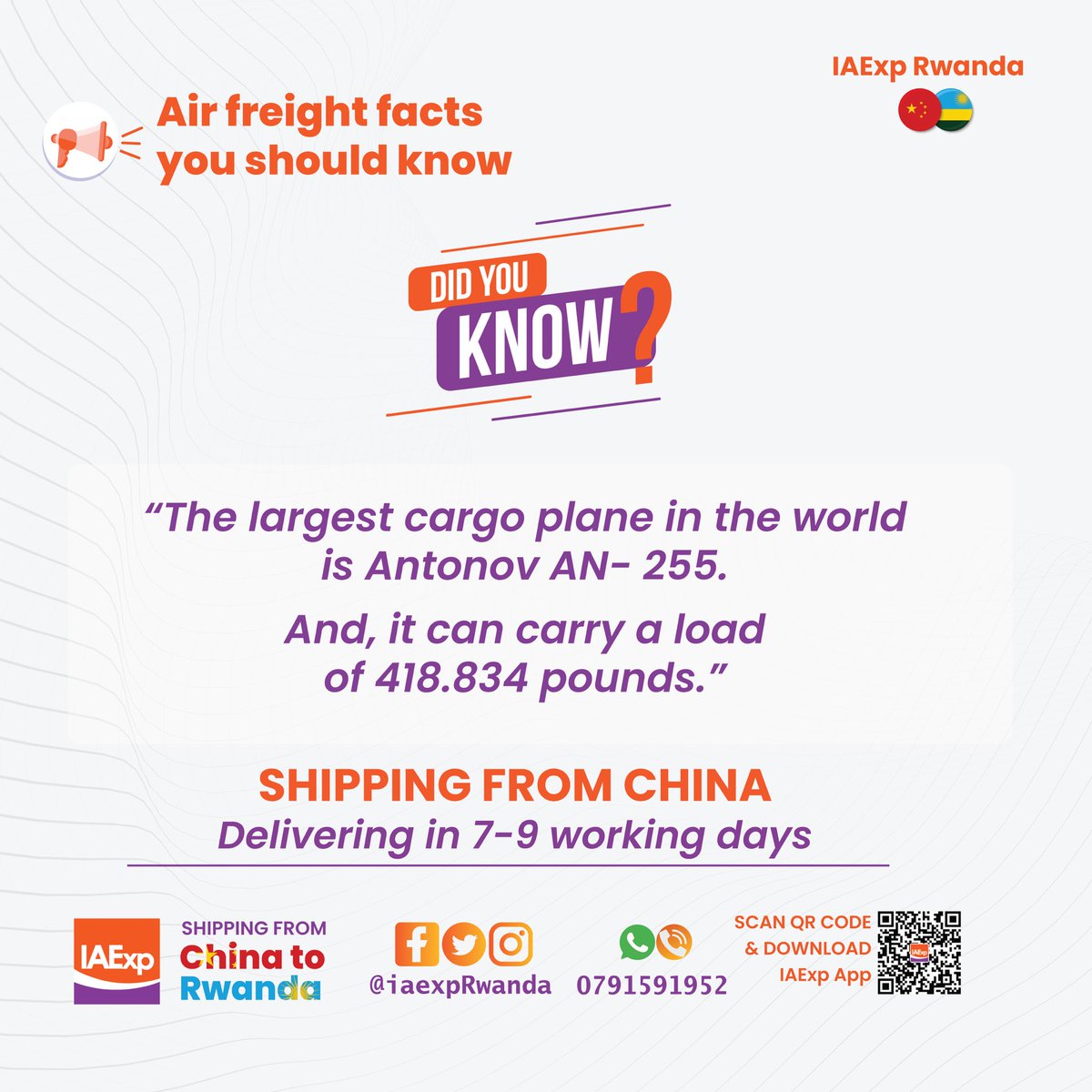 IAExpRwanda's tweet photo. 🚨The Air Freight Facts you should know

DID YOU KNOW??

🚨”The largest cargo plane in the world is Antonov AN-255.
And, it can carry a load of 418.834 pounds”

#iaexprwanda #didyouknow #iaexp #RwOT https://t.co/ZI5DmuRbZW