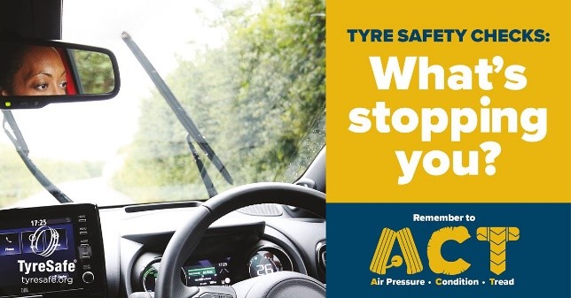 Tyresafe's tweet image. ‘What’s Stopping You?’ not only reminds the motorist of the importance of tyre checks but highlights that, as the only point of contact between the road and the vehicle, it is tyres that are crucial for safe cornering and braking. #TyreSafetyMonth2021 #WhatsStoppingYou?