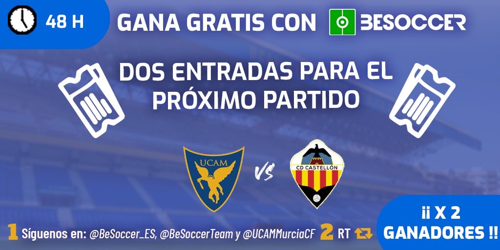 BeSoccerTeam's tweet photo. 🎁 NUEVO SORTEO 🎁

Gana 2 entradas para el siguiente partido del ⁦@UCAMMurciaCF⁩ 

REQUISITOS 
➡️ Seguir a ⁦@besoccer_ES⁩ ⁦@BeSoccerTeam⁩ y ⁦@UCAMMurciaCF⁩ 

➡️ RT al tuit 

‼️ 2 GANADORES ‼️ https://t.co/McgkE5vFDm