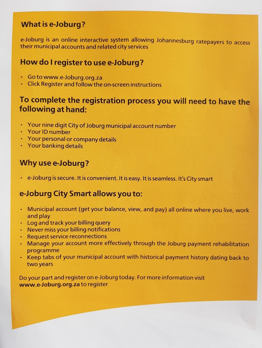 The #eJoburgPortal is a self-service portal that is set to enable ratepayers to view and 
download their current and historical municipal bills, as well as pay their municipal accounts 
electronically, among other services offered by the municipality.  #ICareIPay ^LM