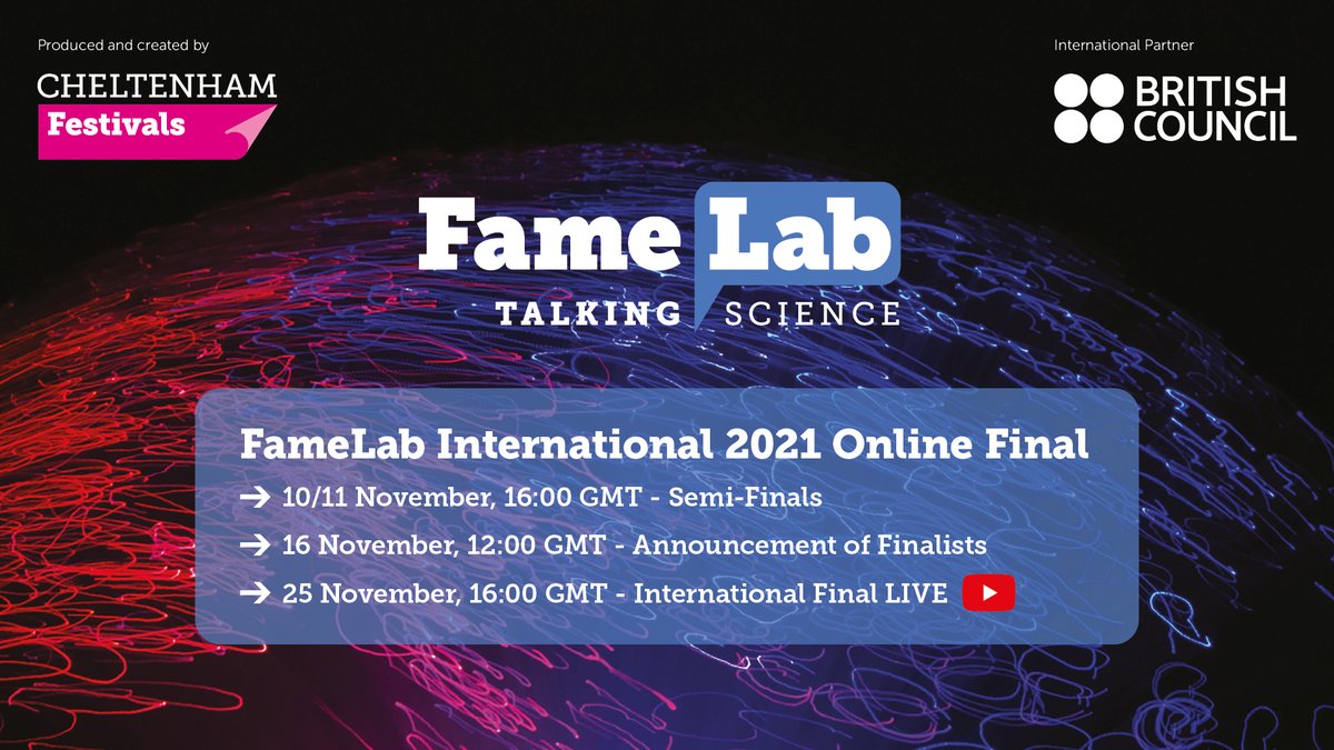 FameLab's tweet photo. We are super excited to be bringing the #FameLabInternational2021 Online Final to your screens this November! In the 'World Cup of the science world', 23 international finalists are set to compete in the Semi Finals on 10-11 Nov and wow us with their content, clarity &amp; charisma! https://t.co/zPfMo1dH0K