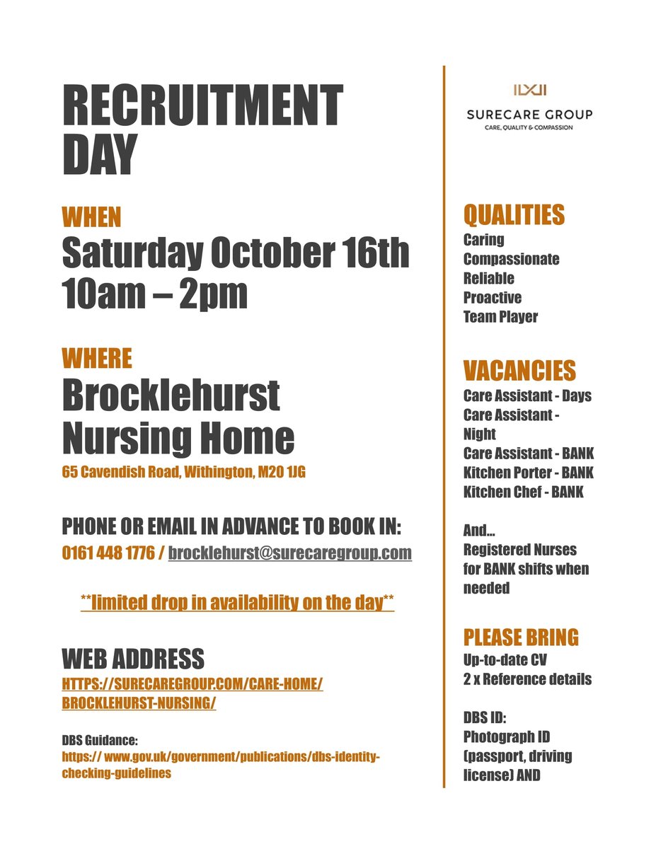 Are you looking for a #job in a #Nursing #home?  Are you #caring #compassionate #reliable #proactive and a #team player then give  Brocklehurst Nursing Home a call and book an appointment for their #recruitment #day #lovelyhome #caringstaff  - Sat 16 October 21