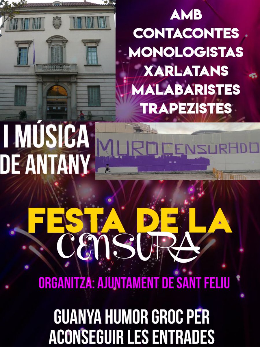 AfectadosBBS's tweet photo. Tras el éxito de la fiesta del soterramiento llega...
La Fiesta de la Censura
Organitza: @ajsantfeliu
Presentan: @lidia_mu @LorenRiderJ
@Flavia_Rein
Con tu entrada podrás censurar el muro de @filsmakers y acusar a @SindicatoSad de querer vivir del cuento. #FelizMiercoles https://t.co/sh9r1YoKfa