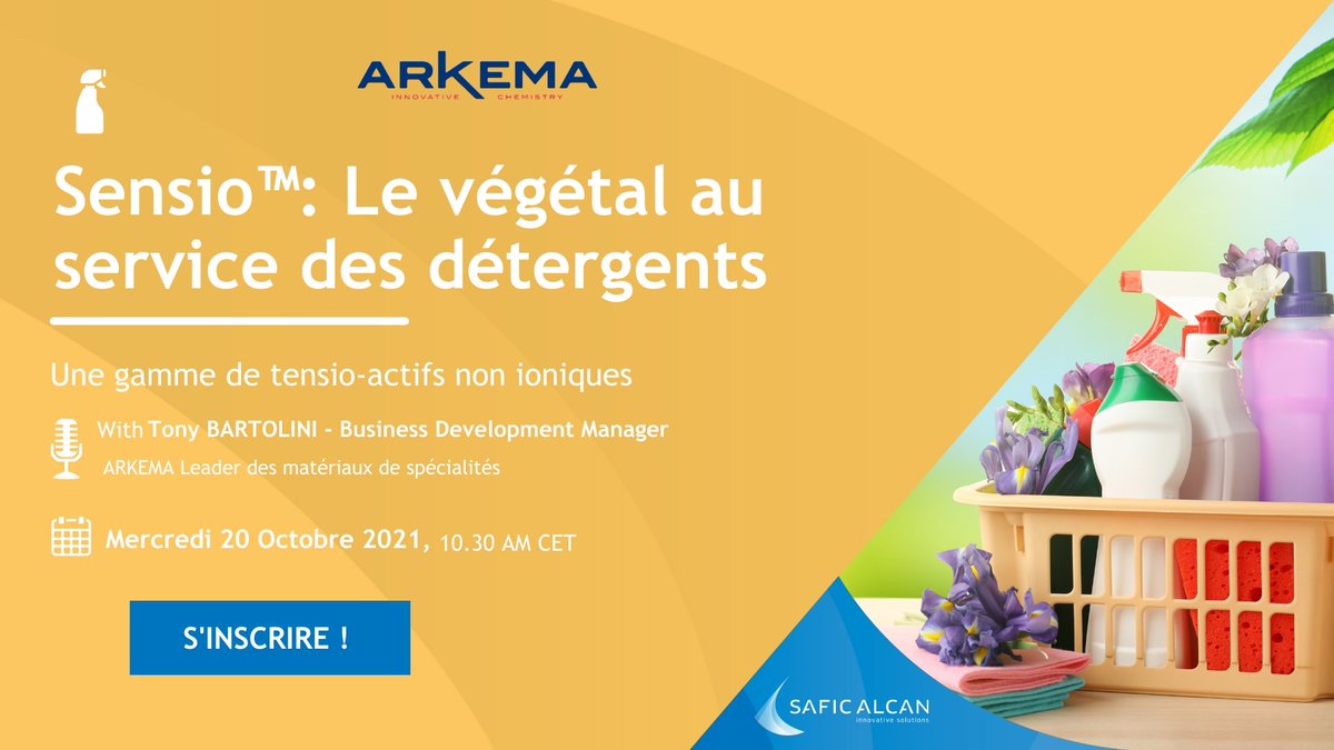 SAFICALCAN's tweet photo. 🎥 Ne manquez pas le prochain webinar de 30 minutes avec notre partenaire @Arkema_fr pour comprendre comment formuler des détergents performants et respectueux de l’environnement. Vous y découvrirez Sensio™ le végétal au service des détergents !

⏰Mercredi 20 Octobre à 10h30 https://t.co/zYVa9HKaIX