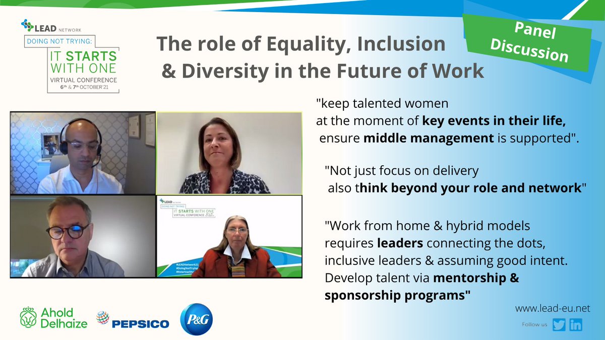 Lead_eu_net's tweet photo. Inspiring panel discussion on the #futureofwork &amp; how companies #embrace #Diversity &amp; #Inclusion with Nikki Humphrey -@JohnLewisRetail, Johan Sjöstrand @NielsenIQ &amp; Caroline Basyn -@PepsiCoEU 
Thankyou Zaheer Ahmad -@GSK for moderating 
 #LEADNetwork21 #ItStartsWithOne https://t.co/fqzU7pCrvJ
