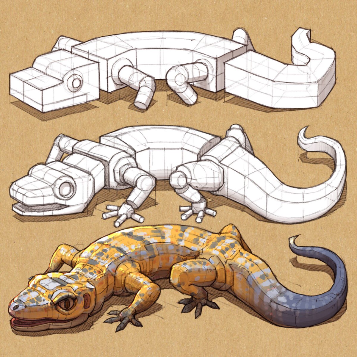 artofjeffp's tweet photo. Breaking things down into basic forms can help give an understanding of where to start creating #gameart #3dart models. This lizard form study by Howard Hsu is a good showcase of that.

https://t.co/8O9b0TwBa9 https://t.co/tOdqxZaa6N