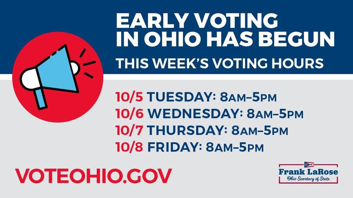 Early voting is happening this week. 

You can come and vote in person or request a mail ballot by completing and absentee ballot request form. 

boe.ohio.gov/comoh/Absentee…