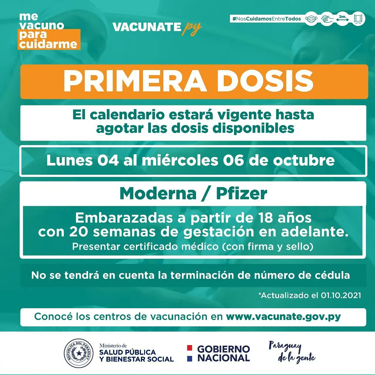 msaludpy's tweet photo. ¡Buen día 🙋🏽‍♀️!

#PrimeraDosis | Miércoles 06 de octubre, último día

✅ Personas de 18 a 29 años (reciben Pfizer, Moderna o SputnikV)

✅ Personas de 30 años o más (reciben AstraZeneca)

📍 Vacunatorios actualizados y sus horarios en https://t.co/NLqTkYFhc6 https://t.co/CqWPI4A4cz