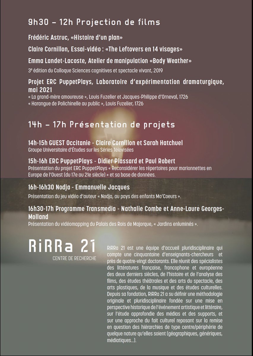 rirra21's tweet photo. Dès 14h, les équipes des projets Guest Occitanie, PuppetPlays, Nodja et Transmedia vous présentent leurs projets.
Venez les découvrir en salle 102, Site Saint-Charles de l'Université Paul-Valéry.
@univpaulvalery @GuesTVSeries #puppetplays https://t.co/JxyQNlSuf2
