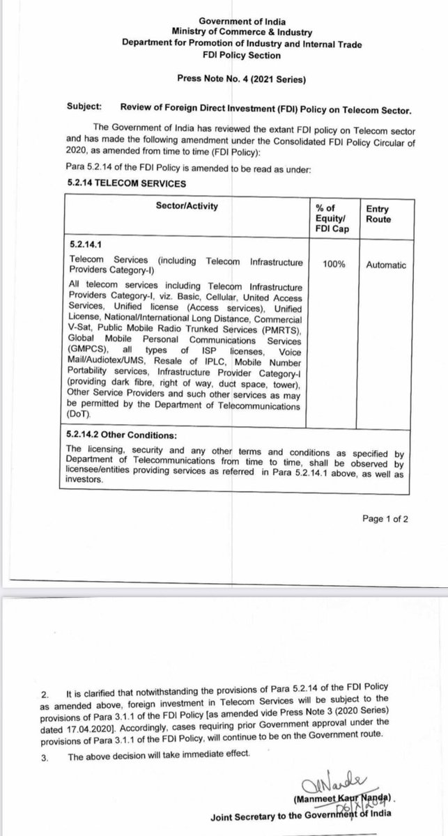 RoyLakshman's tweet photo. Telecom Sector में automatic route से 100% FDI को मंज़ूरी।
लेकिन China, Pakistan जैसे पड़ोसी देशों से FDI के लिए सरकार से मंज़ूरी ज़रूरी होगी।
#telecomFDI https://t.co/3QnQ75SEUW