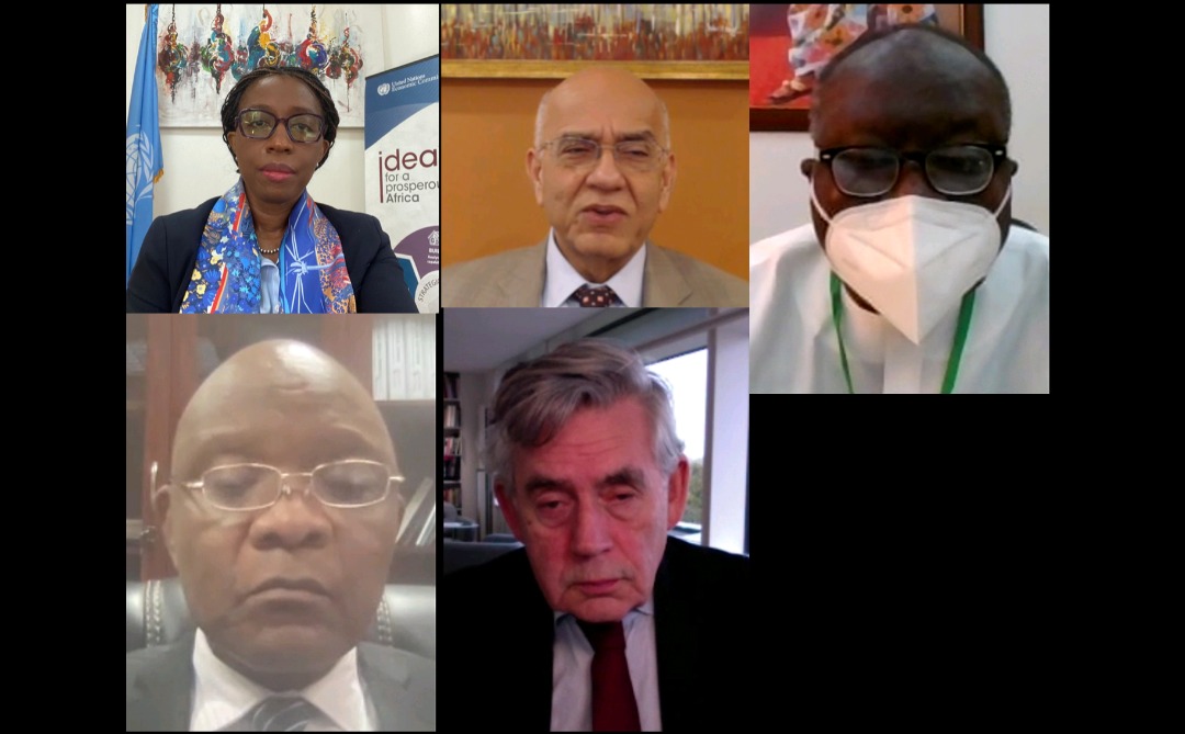 ECA_OFFICIAL's tweet photo. .@SongweVera at high-level #CGD-#ECA event on #COVID19 stocktake & hurdles to #VaccineAccess across #Africa with @JNkengasong,@GordonBrown @UN Envoy for #GlobalEducation & @WHO Amb.for #GlobalHealthFinancing,๐ฌ๐ญ#Ghana Fin. Mininister #KenOforiAtta, & @MasoodCGD President of @CGDev https://t.co/mUgNE6oVZ8