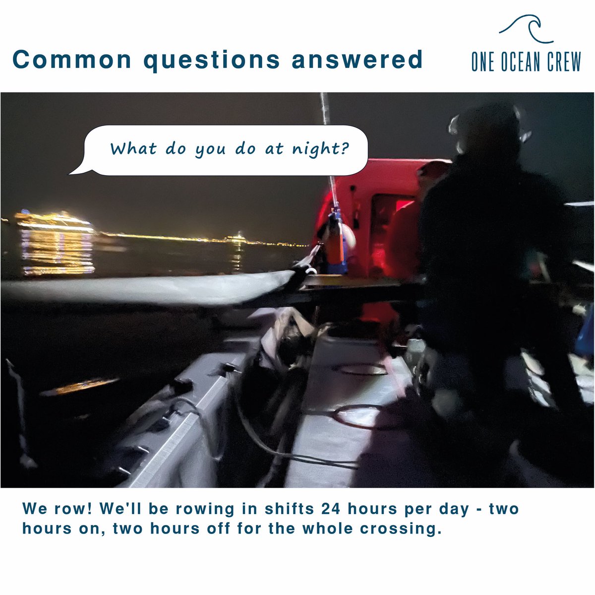 What do we do at night? Quite simply - we row! Our 2 hour shift pattern continues day and night with snatches of sleep between shifts. #twac #oceanrowing #faq