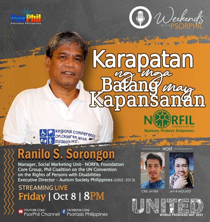 psorphil's tweet photo. Join us this Friday, Oct8, 8pm, as we discuss the rights of children with disabilities with Mr. Ranilo Sorongon from NORFIL Foundation. 

#wwpChildrensRights 
#wwpKarapatanNgKabataan 
#psoriasis 
#psoriaticdisease 
#psoriaticarthritis 
#WeArePsorPhil 
#WeekendsWithPsorPhil 
#WWP https://t.co/yUnCQufKfV