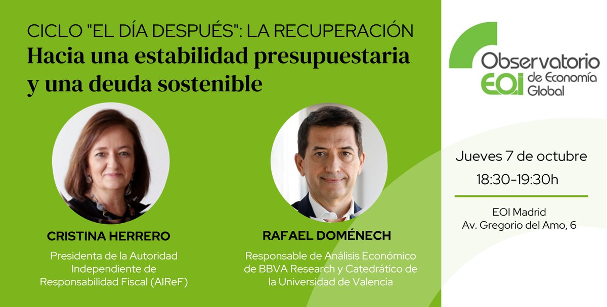 eoi's tweet photo. 📢Una recuperación económica sólida ha de estar fundamentada en unas #finanzas públicas #equilibradas y #sostenibles a largo plazo, lo debatiremos en la sesión de mañana jueves (EOI Madrid-evento presencial 🏡).

¡Inscríbete! ➡️https://t.co/EbvJLZvj5d

#somosEOI https://t.co/MD1AEGX2v7