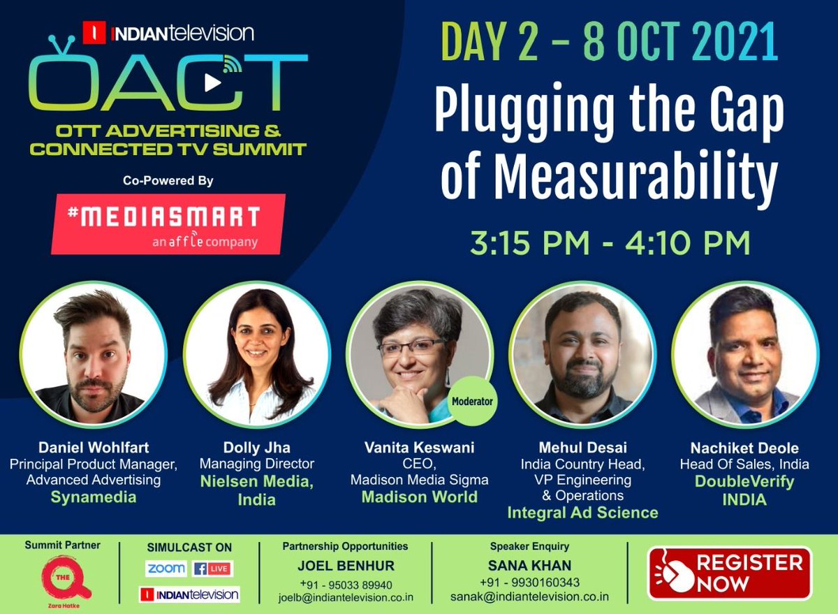 SynamediaVideo's tweet photo. Our Daniel Wohlfart will be joining a panel session on #AddressableAdvertising in India “Plugging the Gap of Measurability!” at this week’s #OACT2021 summit hosted by @ITVNewz - Friday October 8 at 3:15 PM ISD, register now: https://t.co/5d9B8IUNay #OTT https://t.co/mbZYZFx6u2