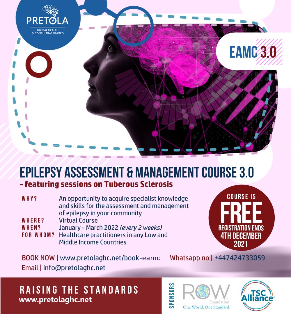 PretolaGHC's tweet photo. The 3rd edition of the #EAMC is now open for registration. This training is for clinicians working with people with #epilepsy in any Low-Middle Income country.
Thanks to our sponsors @ROW_Foundation and TSC Alliance, EAMC is FREE. Register now https://t.co/fhqX5lPRi9
#SDG3 https://t.co/hOeQKWv4Qu