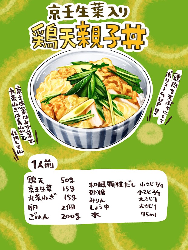 いらっしゃいませ!

今晩の日替わりは、#京都の「京壬生菜入り鶏天親子丼」だよ。

鶏の天ぷら、地元の九条ねぎ、壬生菜(みぶな)が卵をまとった親子丼。

とろとろ&シャキシャキ食感でご飯がすすむすすむ!

#どんぶり食堂
#農家の皆さんありがとう 