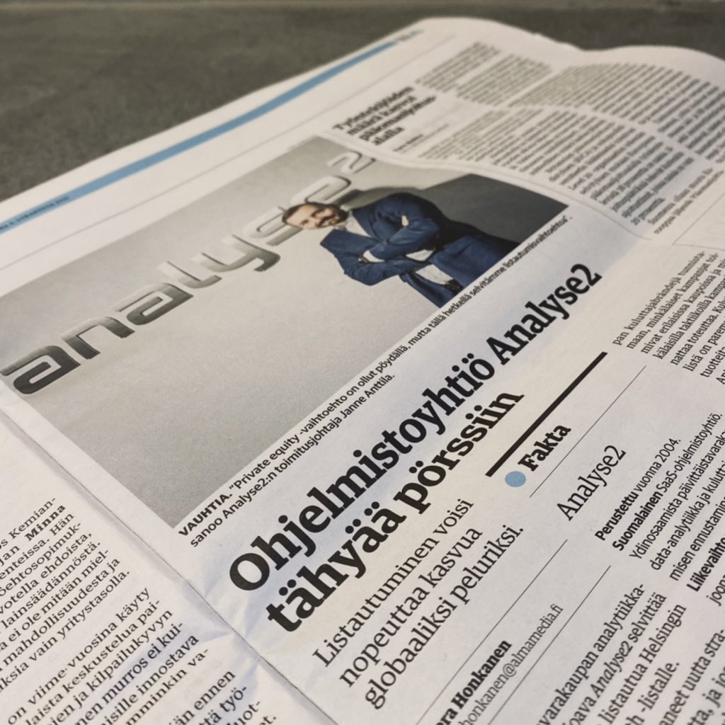 Analyse2Finland's tweet photo. Eilen kerroimme, että olemme päättäneet aloittaa selvitystyön, jonka tavoitteena on tutkia mahdollisuuksiamme toteuttaa listautumisanti ja listautua Nasdaq First North Growth Market Finland -markkinapaikalle. @KauppalehtiFi kirjoitti aiheesta https://t.co/ZdGZRhQrbU https://t.co/wFbe1O2YMv