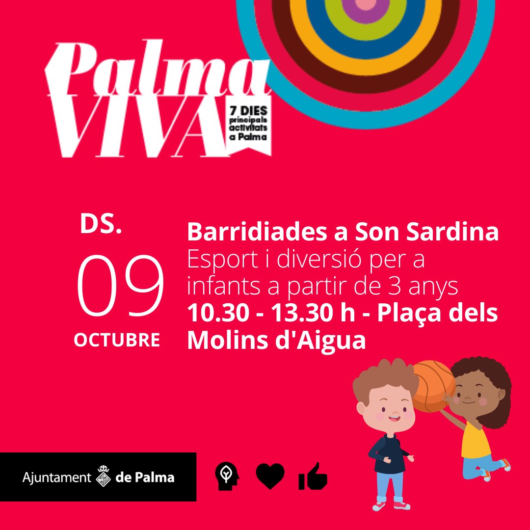 ajuntpalma's tweet photo. 🤸🍳🎨 Avui us proposam…

🏀 Barridiades a Son Sardina, de 10.30 a 13.30 h @IMEPalma: https://t.co/eOiWJo41yg

🎤 Concert: Love the 90s Mallorca, a les 18 h al Visit Mallorca Estadi @elnouescenari: https://t.co/I8dwheXhbn

➕ https://t.co/l4bIRa7Uhi

#agendapalma #palmaviva https://t.co/hV34JJuQ3h