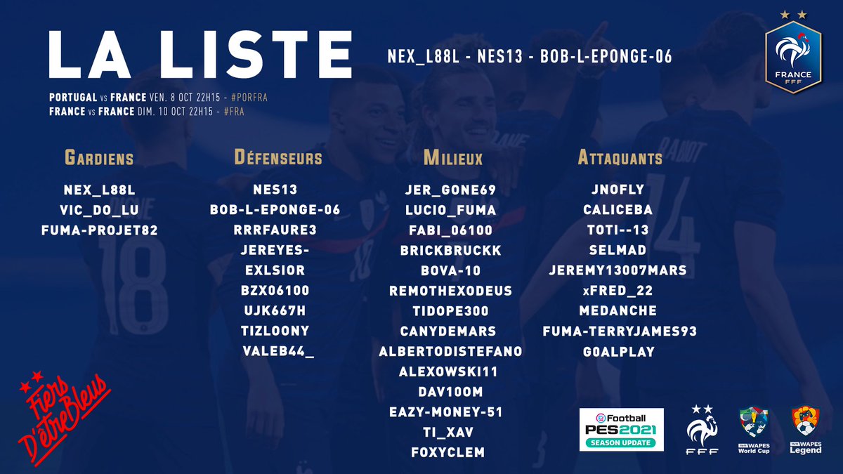 France11v11FUMA's tweet photo. Après un week end parfait, Voici la nouvelle liste pour les matchs de préparations!
3 nouveaux joueurs arrivent dans le groupe #Valeb #Foxyclem et #Goalplay
@MONSIEURQUINTON @pes10vs10 @WapesLeague @PESFootballClub
#11v11 #FUMA #PES21 #AllezLesBleus https://t.co/OsEQCE2mMC