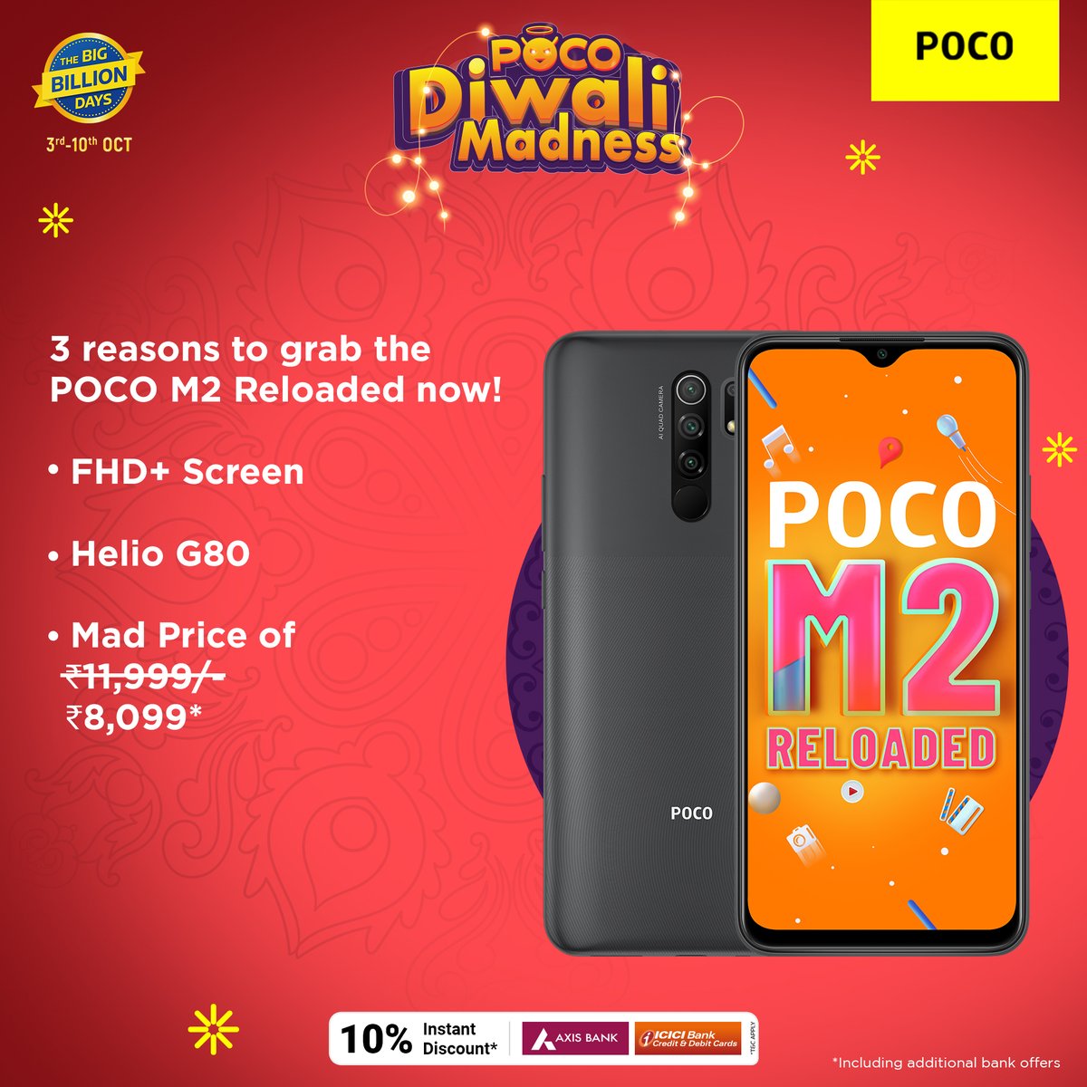 IndiaPOCO's tweet photo. Value for money gets more valuable, the #POCOM2Reloaded is now available at just Rs. 8,099* on @Flipkart.
#BigBillionDays
Shop now: https://t.co/MZiPMHaUwQ https://t.co/0YVvKmniKX