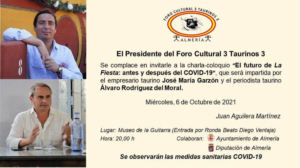 Foro3T3's tweet photo. En el toreo como en nuestras vidas, esta pandemia ha marcado un "cambio de tercio". José María Garzón y Alvaro Rodríguez del Moral lo analizan en el Foro desde las perspectivas empresarial y periodística. 

📅06/10/21
🏛️Museo de la Guitarra.
⌚20:00 h. https://t.co/kCoVnSXxnz