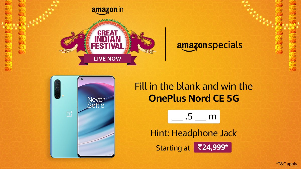 amazonIN's tweet photo. Guess the right specification and stand a chance to take home the OnePlus Nord CE 5G. Comment down your answers with #AmazonGreatIndianFestival and #OnePlusNordCE5GOnAmazon to win. This contest ends at 8:00 pm today https://t.co/j3wauD4EzG