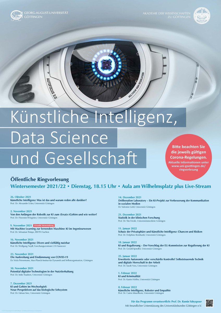 Am 26.10. beginnt die #Ringvorlesung „Künstliche Intelligenz, Data Science und Gesellschaft“ des Wintersemesters 2021/2022.
👉s.gwdg.de/0sb1oI