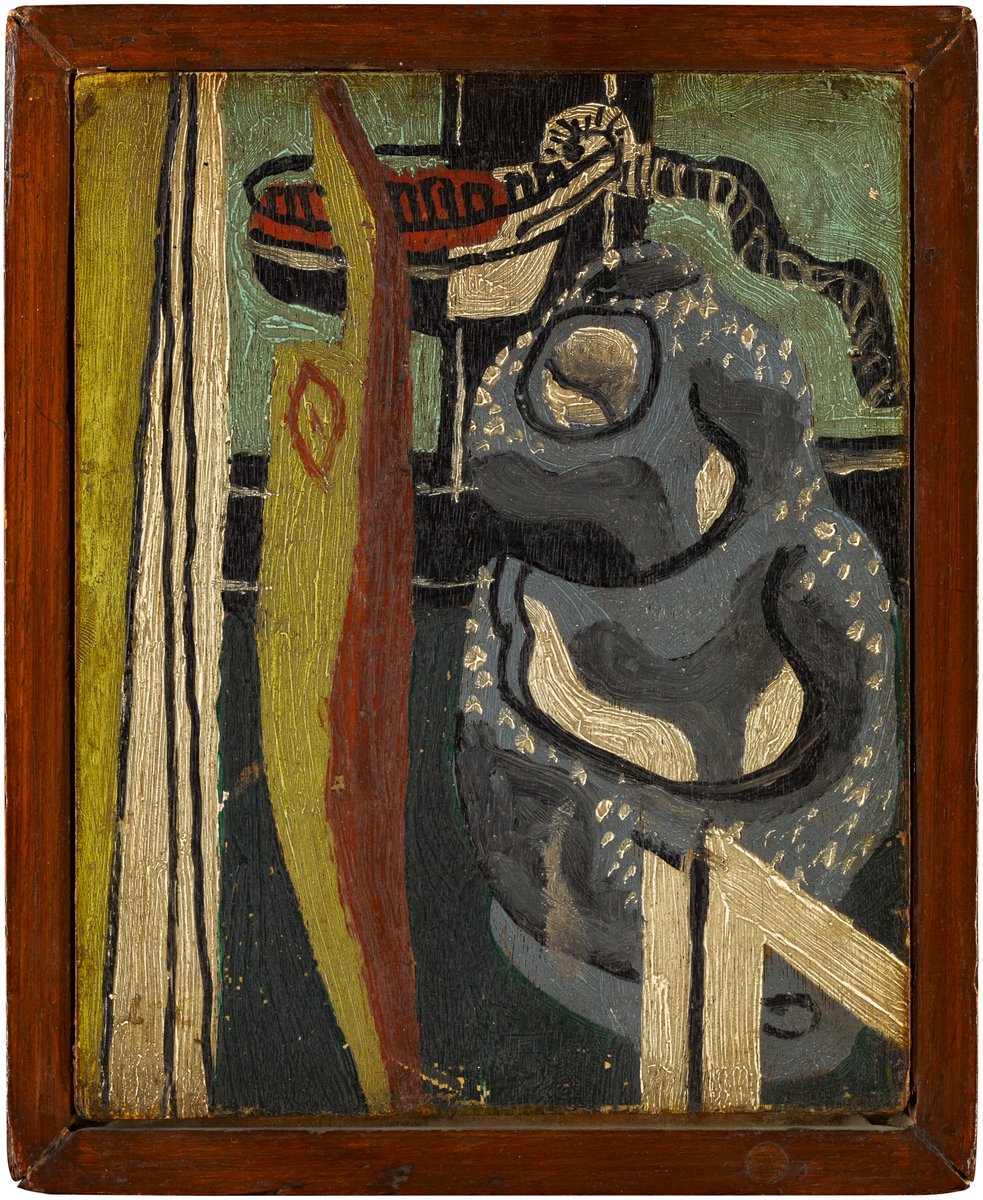 Sothebys's tweet image. Le Corbusier, one of the premier influencers of Modern architecture, was born on this day in 1887. This painting was a wedding gift to his friend&apos;s daughter in 1955, with an inscription on the back wishing her a lifetime of happiness.

Place your bid here: bit.ly/3lgdgBv