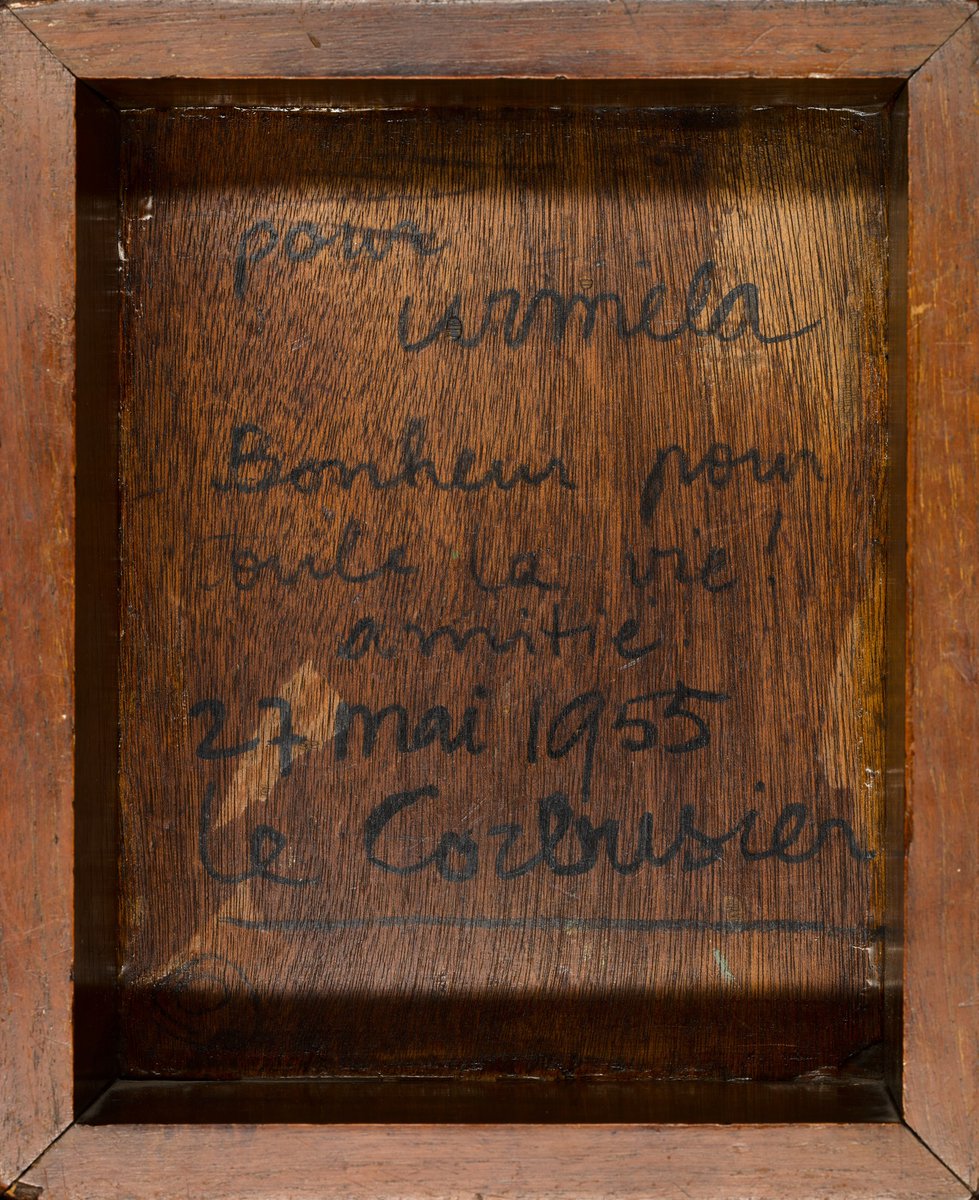 Sothebys's tweet image. Le Corbusier, one of the premier influencers of Modern architecture, was born on this day in 1887. This painting was a wedding gift to his friend&apos;s daughter in 1955, with an inscription on the back wishing her a lifetime of happiness.

Place your bid here: bit.ly/3lgdgBv